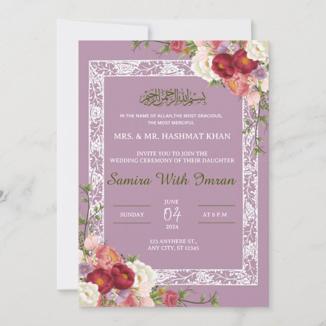 Floral Lilac Pink Muslim Wedding Invitation (Front)