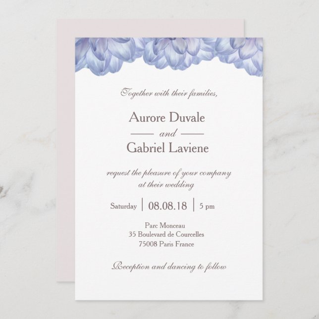 Floral lilac white blush flowers petals wedding invitation (Front/Back)
