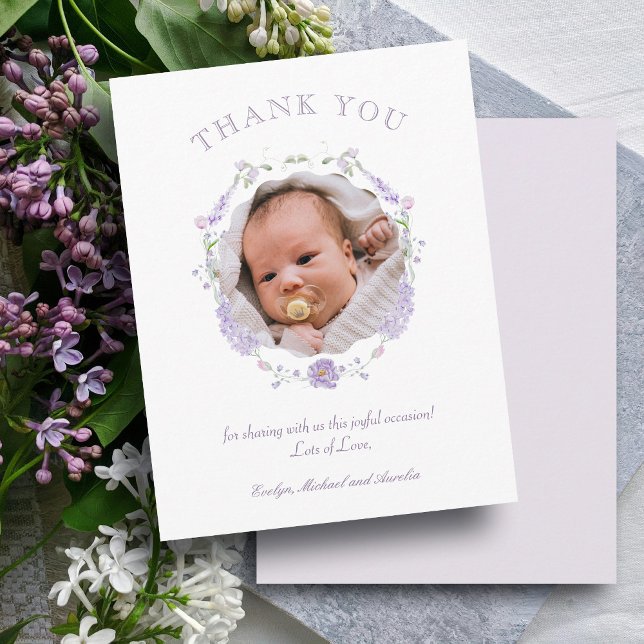 Floral Lilac Wreath Baptism Thank You Card (Creator Uploaded)