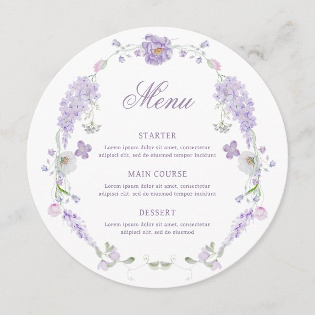 Floral Lilac Wreath Round Menu (Front)