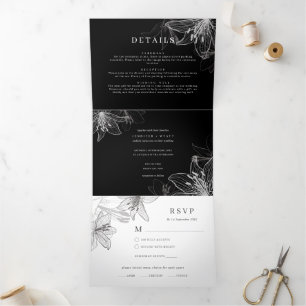 Floral Lilies B&W Trifold All In One Invitation