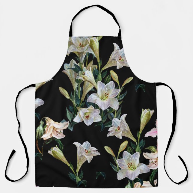 Floral lilies: black background painting apron (Front)