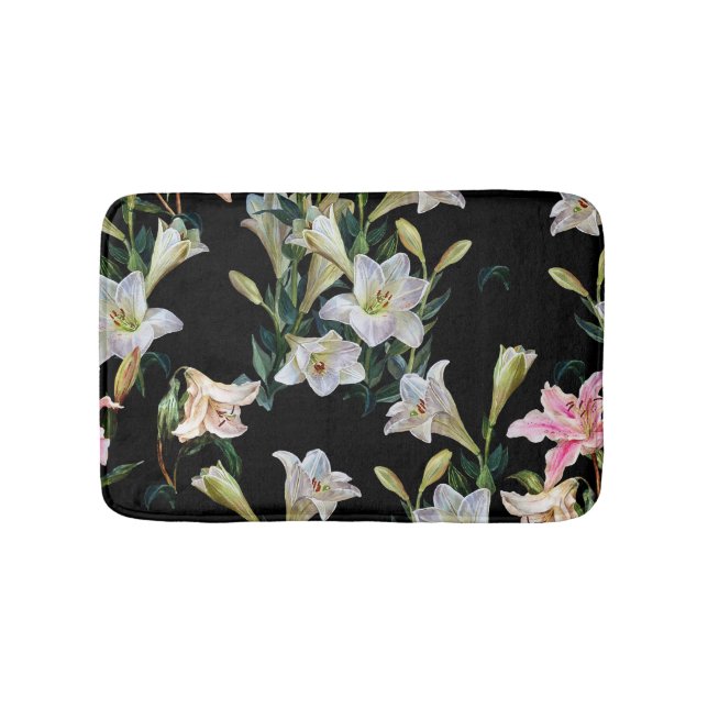 Floral lilies: black background painting bath mat (Front)