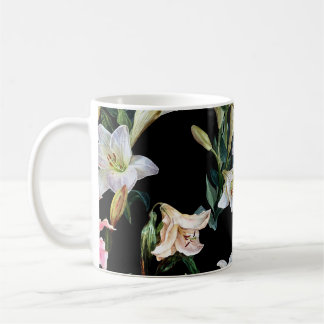 Floral lilies: black background painting coffee mug