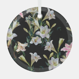 Floral lilies: black background painting glass tree decoration