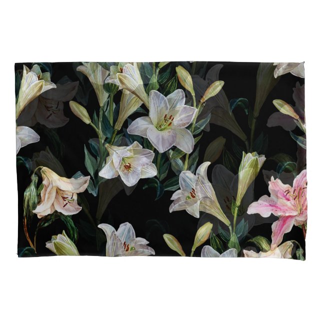 Floral lilies: black background painting pillowcase (Front)