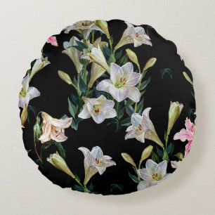 Floral lilies: black background painting round cushion
