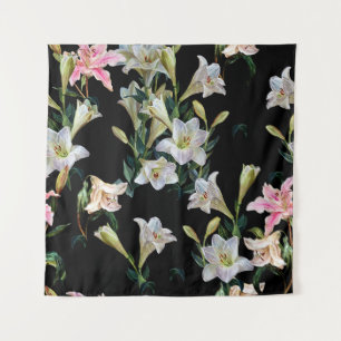 Floral lilies: black background painting tapestry