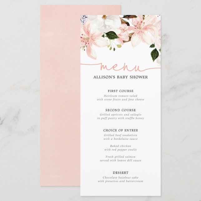 Floral lilies lily flower spring baby shower menu (Front/Back)