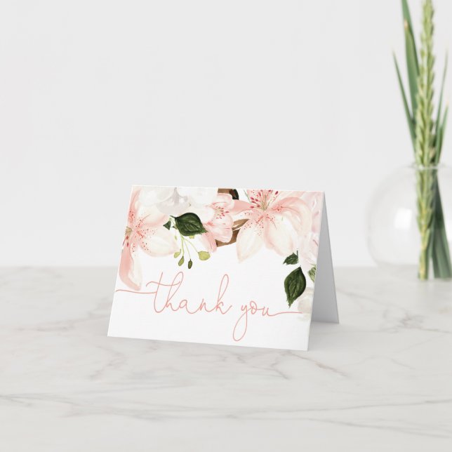 Floral lilies pink blush white spring  thank you card (Front)