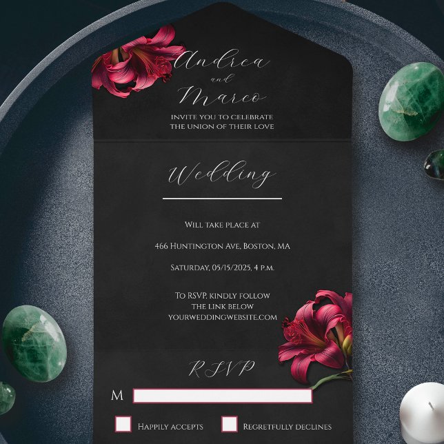 Floral Lily Dark Gothic Wedding Invitation (All in One Floral Lilly Gothic Wedding Invitation)
