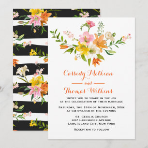 Floral Lily Flowers Orange Black & White Stripes Invitation