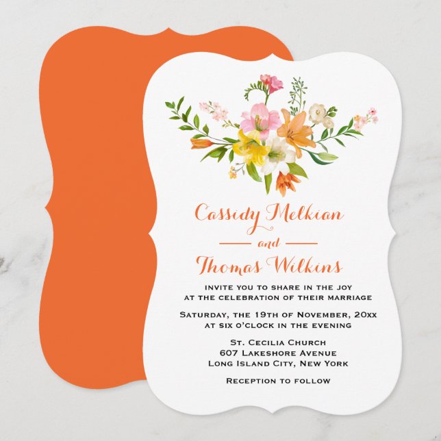 Floral Lily Flowers Pink ,Yellow & Orange Wedding Invitation (Front/Back)