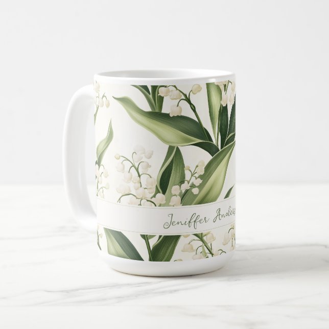 Floral Lily of the Valley with Custom Name Coffee Mug (Front Left)