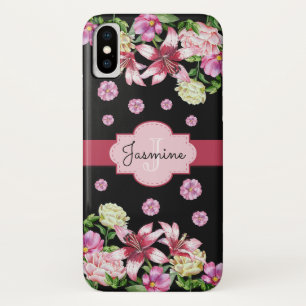 Floral Lily & Peony Monogram Black iPhone X Case