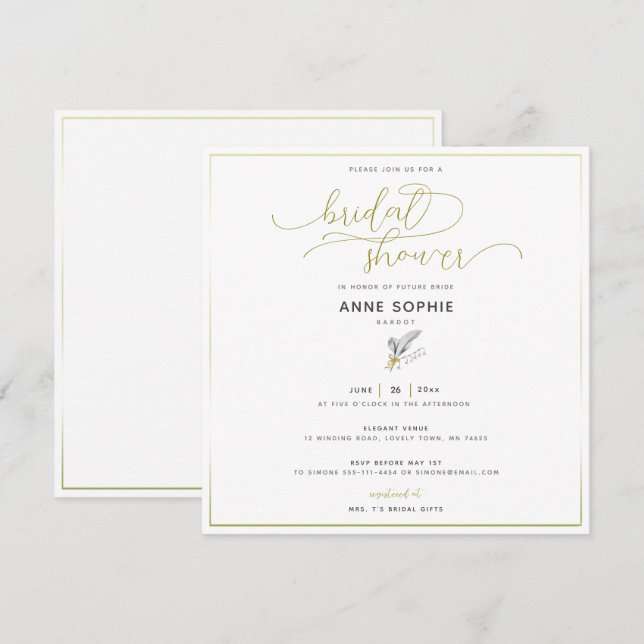 Floral Lily Valley Gold Calligraphy Bridal Shower Invitation (Front/Back)