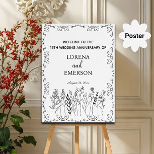 Floral Line Art 15th Wedding Anniversary Welcome Poster
