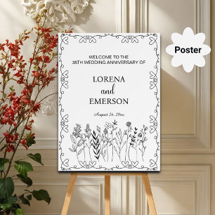 Floral Line Art 35th Wedding Anniversary Welcome Poster