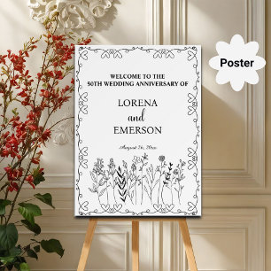 Floral Line Art 50th Wedding Anniversary Welcome Poster