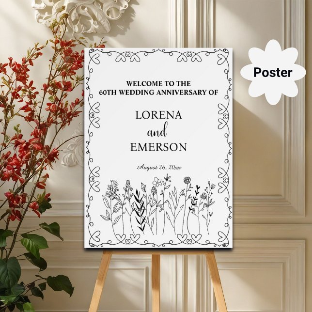 Floral Line Art 60th Wedding Anniversary Welcome Poster (Creator Uploaded)