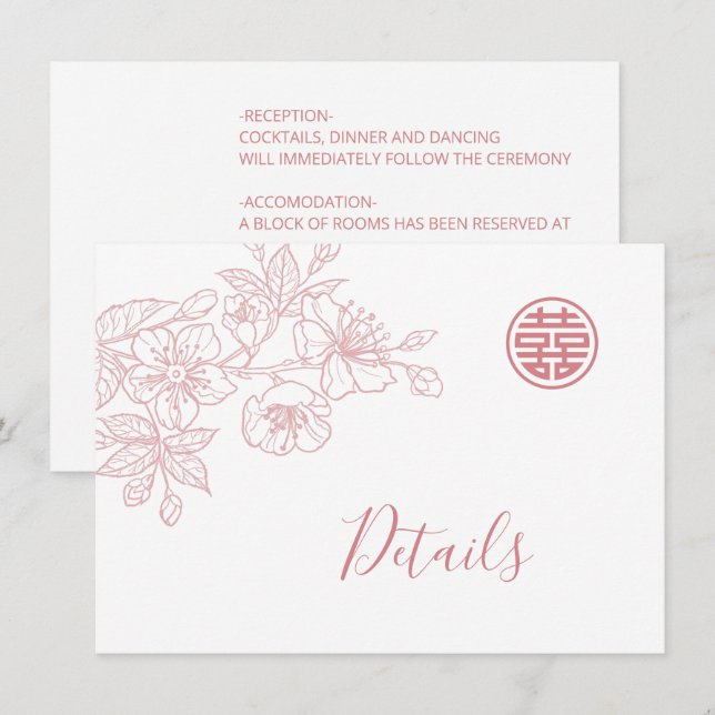 Floral Line Art Blush Chinese Wedding Details Enclosure Card (Front/Back)