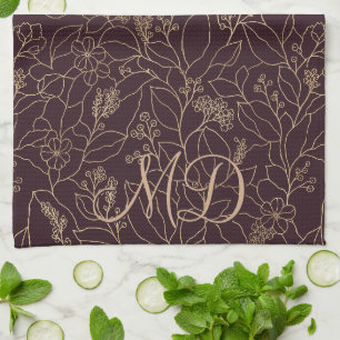 Floral Line Art Botanical Line Art Deep Plum Tea Towel