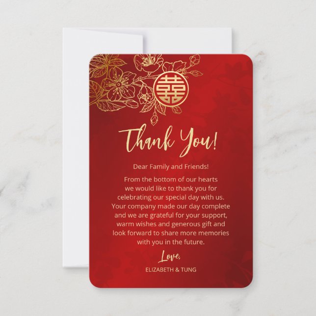 Floral Line Art Chinese Wedding Thank You Card (Front)