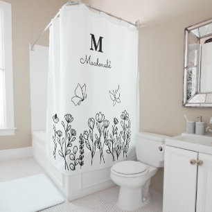 Floral Line Art Custom Monogram  Shower Curtain