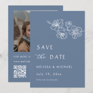 Floral Line Art Dusty Blue Arched Save The Date