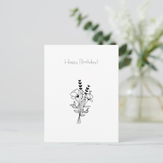 Floral Line Art Flowers Illustration Birthday Card (Standing Front)