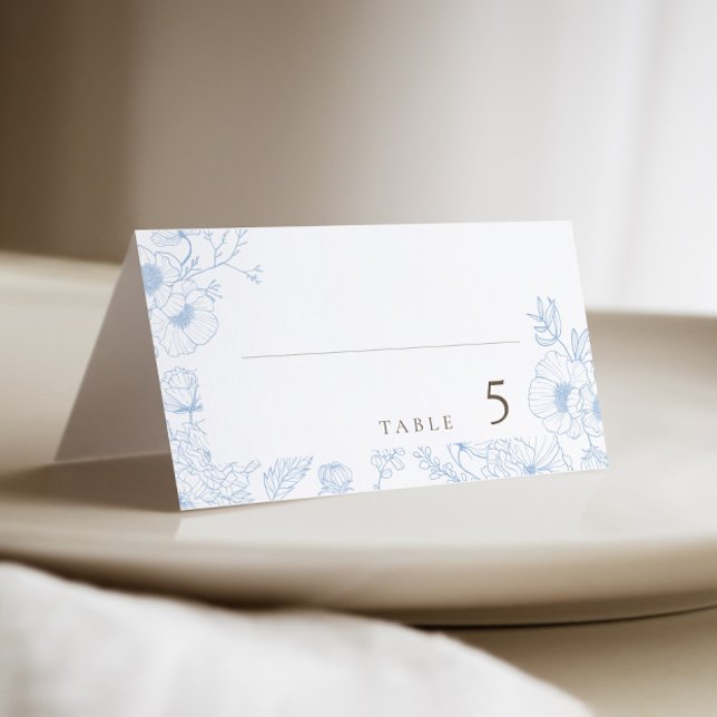 Floral Line Art French Blue Wedding Place Card (Creator Uploaded)
