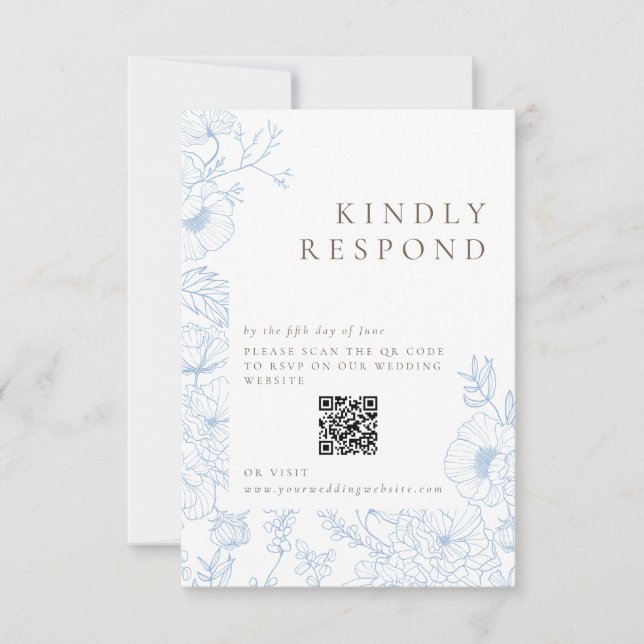 Floral Line Art French Blue Wedding RSVP Card (Front)