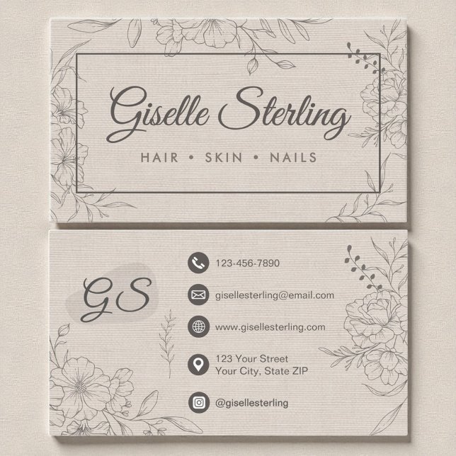 Floral Line Art Linen Elegant Script Business Card (Creator Uploaded)