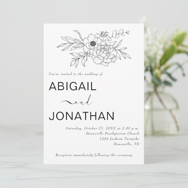 Floral Line Art Minimal Simple Bespoke Wedding Invitation (Standing Front)