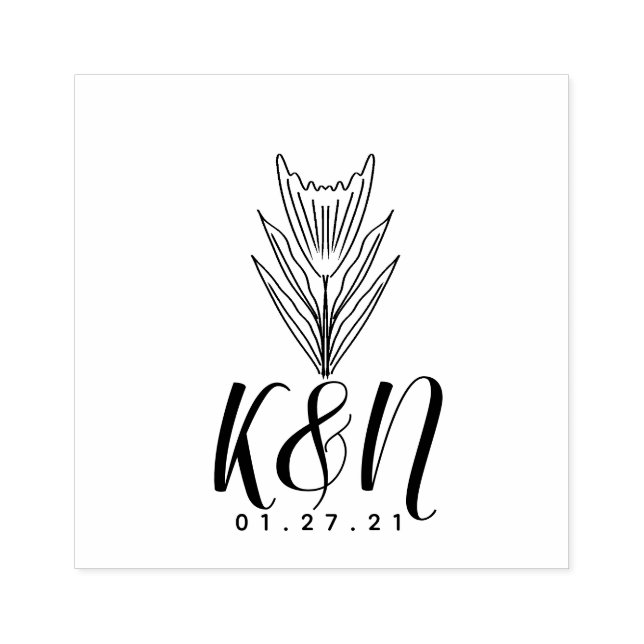 Floral Line Art Minimalist Initial Logo Wedding Rubber Stamp (Imprint)