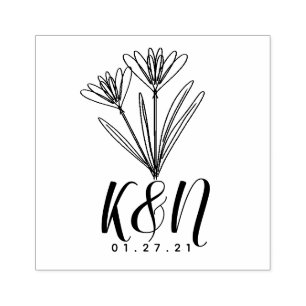 Floral Line Art Minimalist Initial Logo Wedding Rubber Stamp