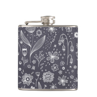 Floral Line Art Monochrome Hip Flask
