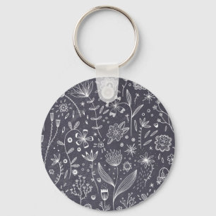 Floral Line Art Monochrome Key Ring
