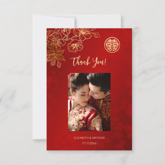 Floral Line Art Photo Chinese Wedding Thank You Card (Front)