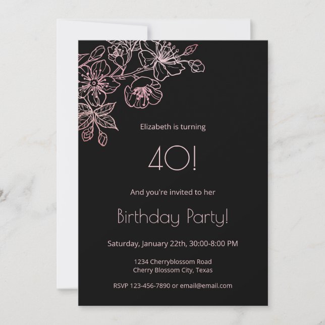 Floral Line Art Pink Black Birthday Invitation (Front)