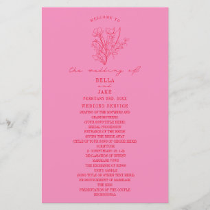 Floral Line Art Pink Red Wedding Program