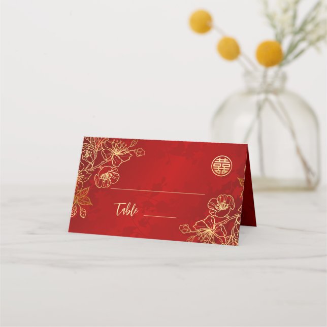 Floral Line Art Red Gold | Chinese Wedding Place Card (Front)