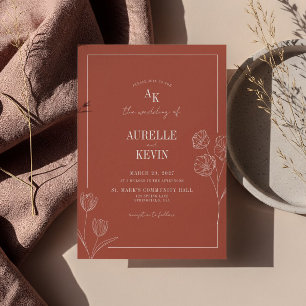 Floral Line Art Rustic Terracota Elegant Wedding  Invitation