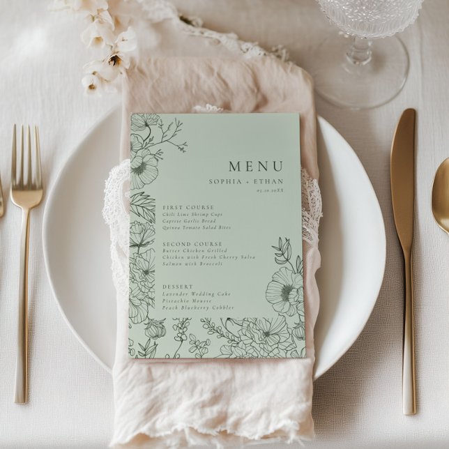 Floral Line Art Sage Green Wedding Menu (Creator Uploaded)