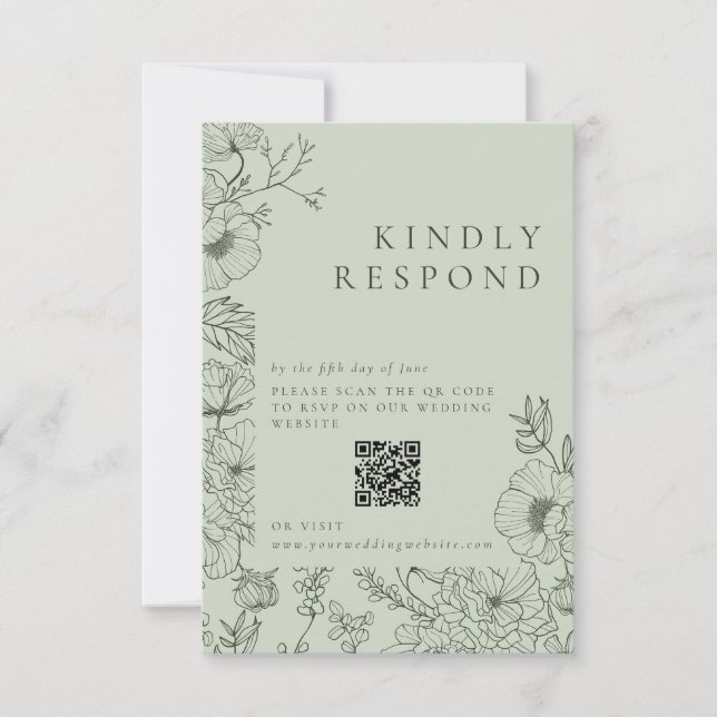 Floral Line Art Sage Green Wedding RSVP Card (Front)