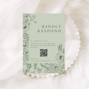 Floral Line Art Sage Green Wedding RSVP Card