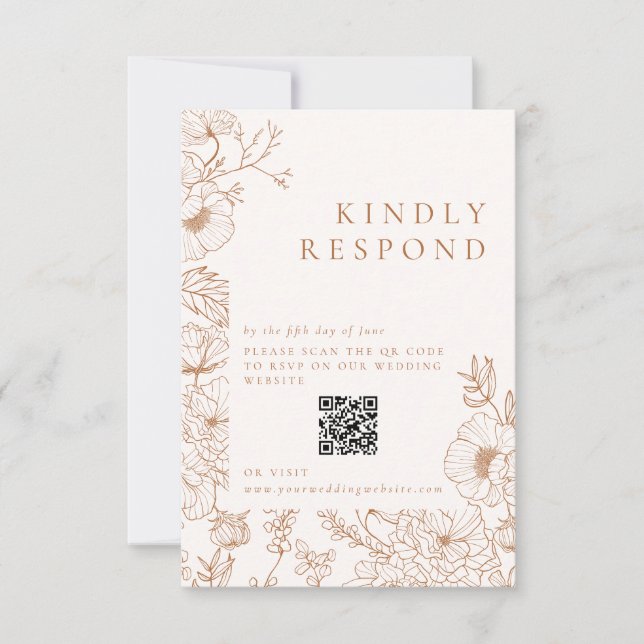 Floral Line Art Terracotta Wedding RSVP Card (Front)