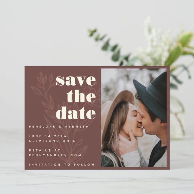 Floral Line Art Warm Rustic Photo Wedding Save The Date (Standing Front)