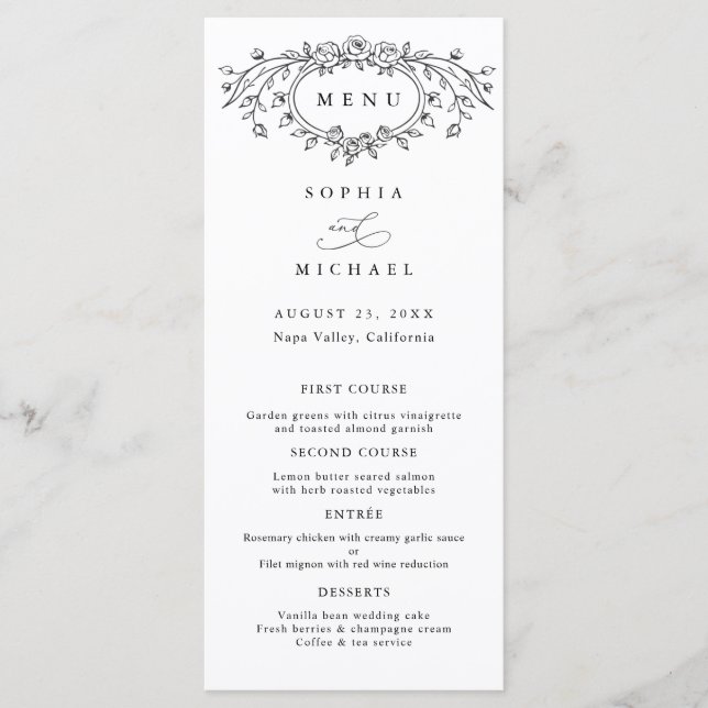 Floral Line Art Wedding Flat Menu (Front)