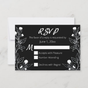 Floral Line Art White and Black RSVP Card